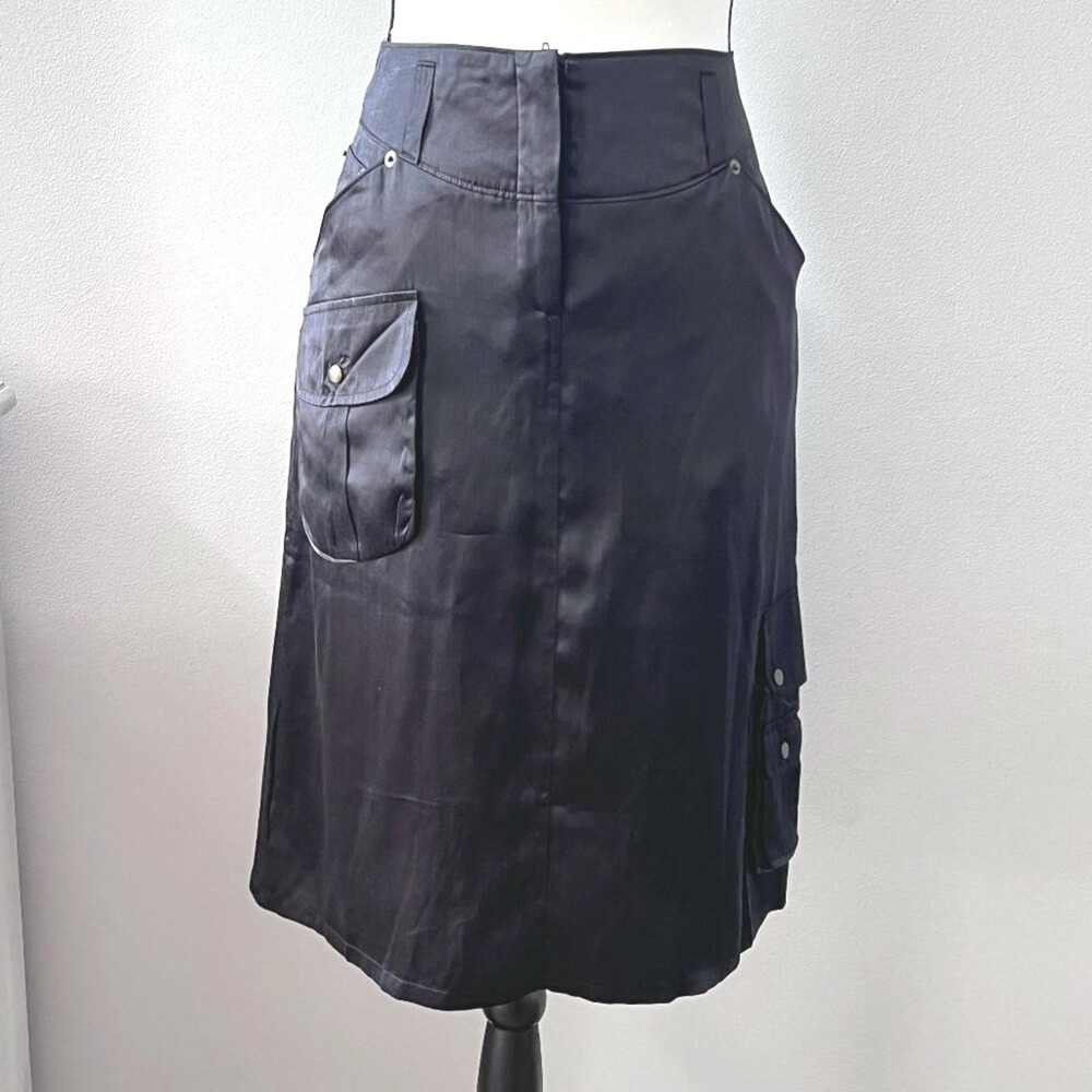 Vintage Buffalo David Bitton Size 29 Edris Black 100% Silk Cargo Midi Skirt